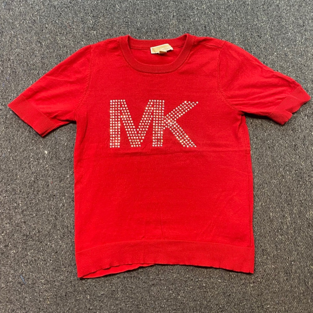 Michael Kors Short Sleeve Sweater Sz S Womens Red Glam Rhinestone MK Logo Top